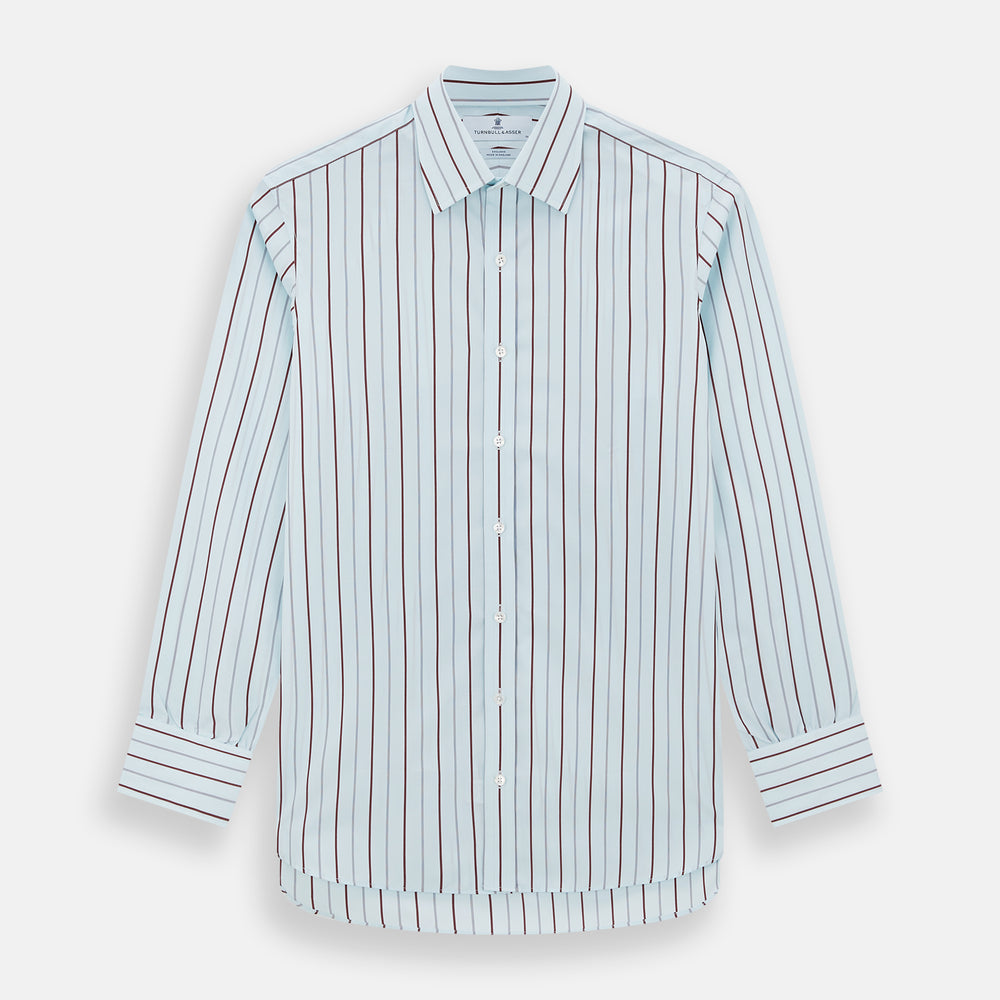 The Turnbull & Asser Burgundy Combination Stripe Mayfair Shirt features long sleeves, a classic T&A collar, and vertical black and burgundy stripes on white, laid flat against a plain white background.