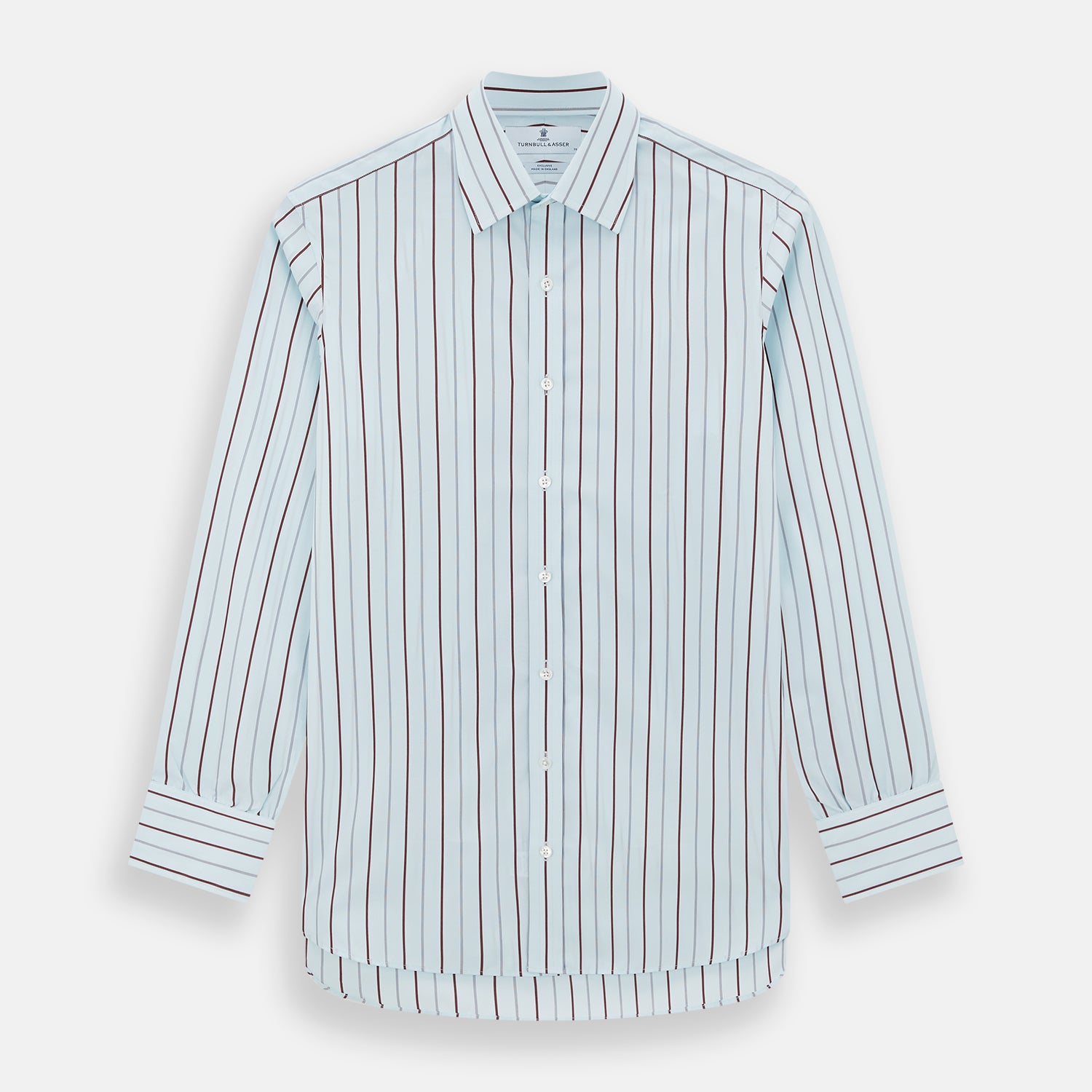View 1 of product The Turnbull & Asser Burgundy Combination Stripe Mayfair Shirt features long sleeves, a classic T&A collar, and vertical black and burgundy stripes on white, laid flat against a plain white background.