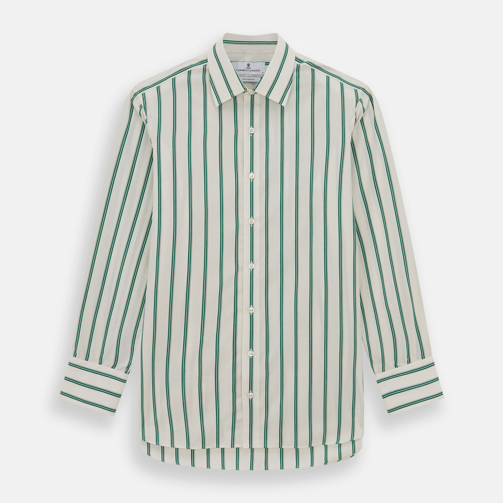 Elevate your wardrobe with the Turnbull & Asser Green Double Track Stripe Mayfair Shirt, crafted from soft organic cotton with a white base, classic collar, and buttoned cuffs—shown against a plain white background.