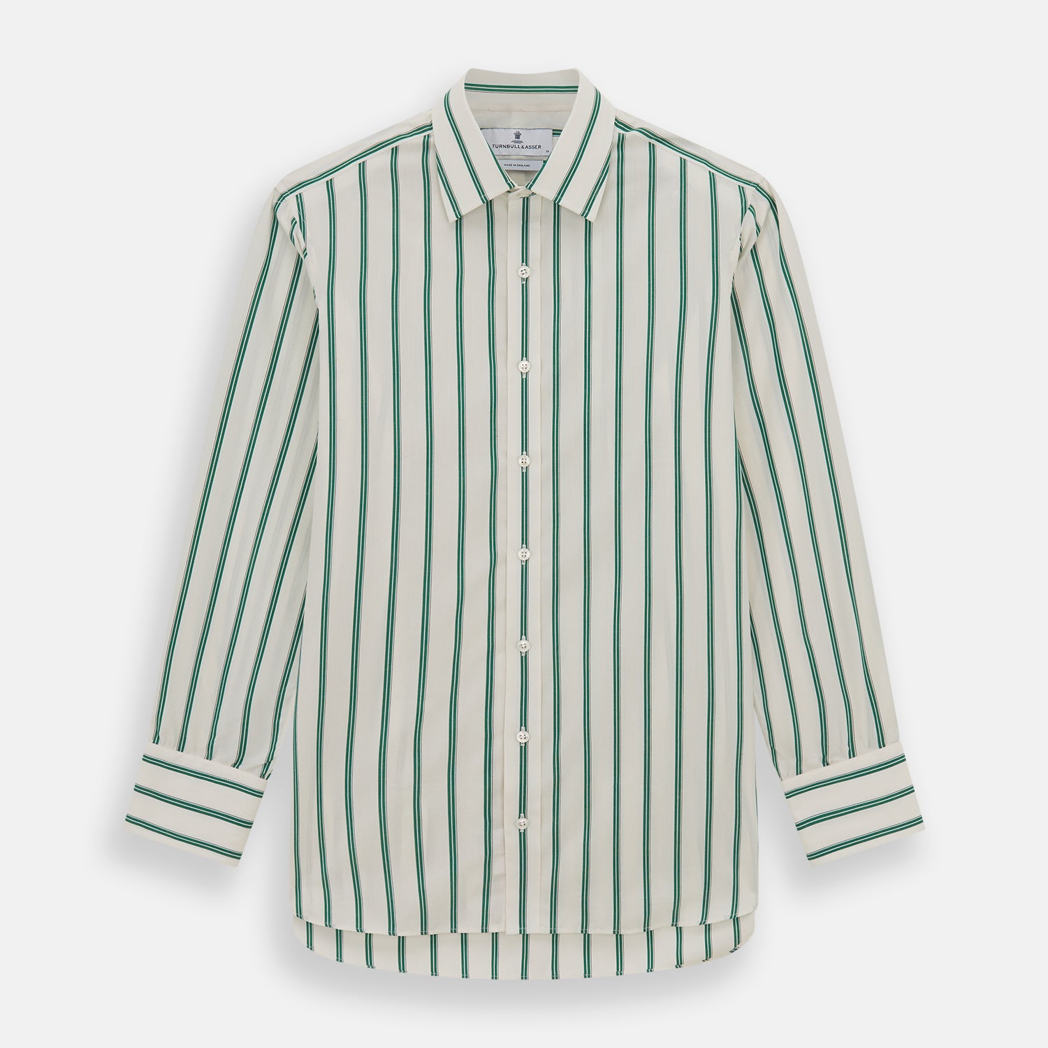 View 1 of product Elevate your wardrobe with the Turnbull & Asser Green Double Track Stripe Mayfair Shirt, crafted from soft organic cotton with a white base, classic collar, and buttoned cuffs—shown against a plain white background.