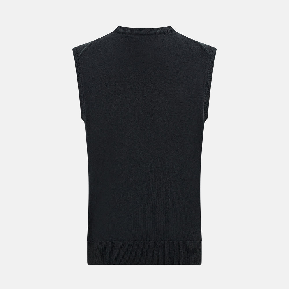 The Turnbull & Asser Dark Green Cashmere Round Neck Vest is a sleeveless knit style with a ribbed hem, shown against a white background—a modern, versatile twist on the classic vest.