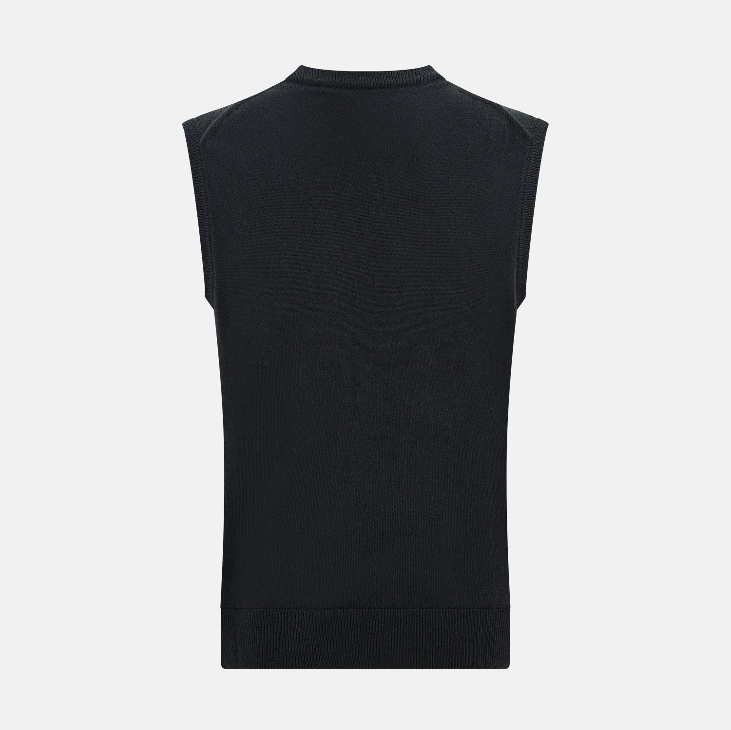 View 3 of product The Turnbull & Asser Dark Green Cashmere Round Neck Vest is a sleeveless knit style with a ribbed hem, shown against a white background—a modern, versatile twist on the classic vest.