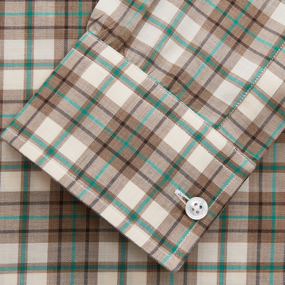 The Turnbull & Asser Green and Oatmeal Cotton Weekend Fit Langston Shirt features a Derby collar, long sleeves, two button-flap chest pockets, crisp white buttons, and a stylish plaid pattern.