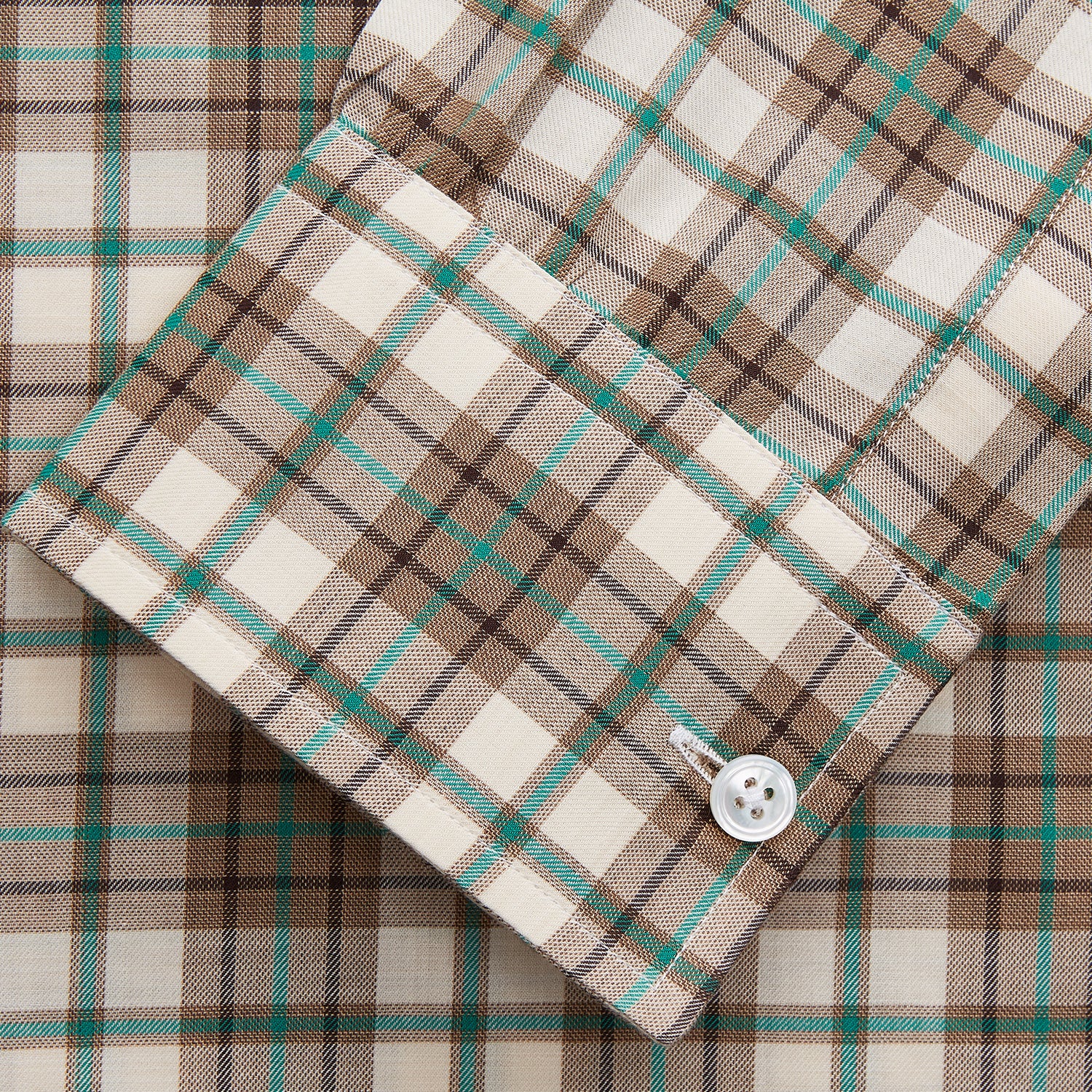 View 3 of product The Turnbull & Asser Green and Oatmeal Cotton Weekend Fit Langston Shirt features a Derby collar, long sleeves, two button-flap chest pockets, crisp white buttons, and a stylish plaid pattern.