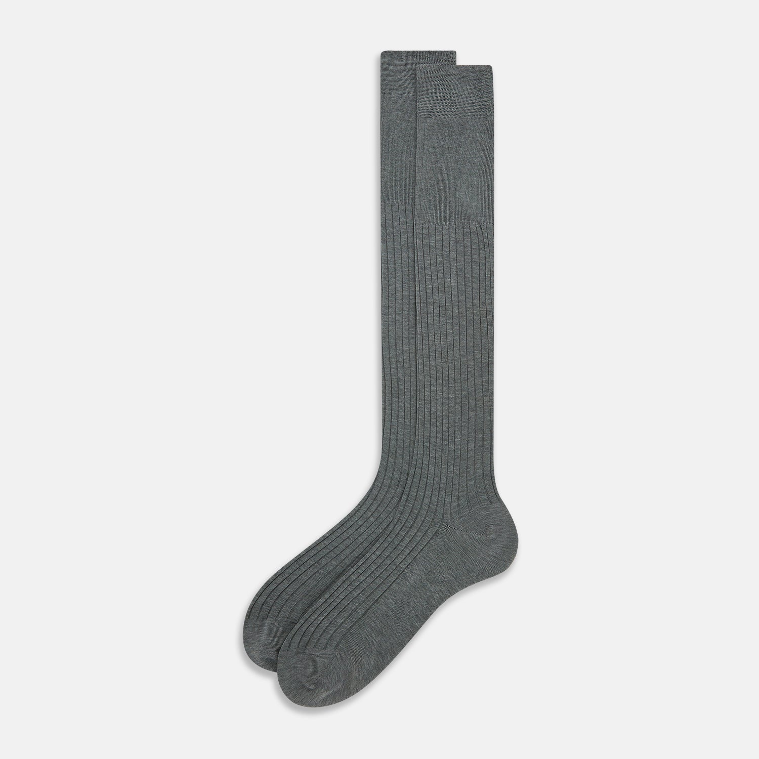 View 2 of product The Ash Long Sock by Turnbull & Asser is a single, knee-high sock in dark gray Egyptian cotton with a ribbed texture, displayed upright against a plain white background.