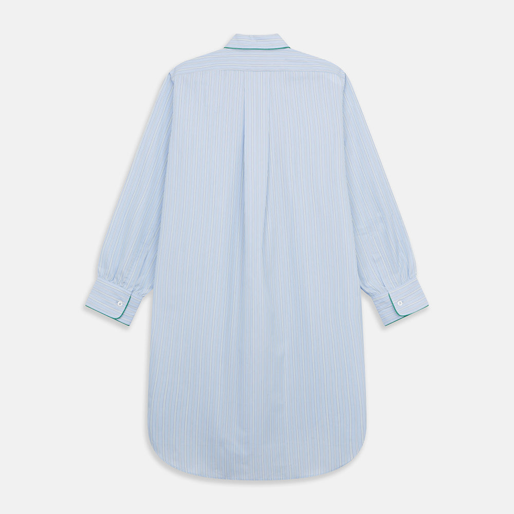 The Turnbull & Asser Blue and Green Stripe Poplin Cotton Nightshirt features long sleeves, a rounded hem, front pocket, green-trimmed collar and pocket, and front buttons—ideal men's nightwear for any season.