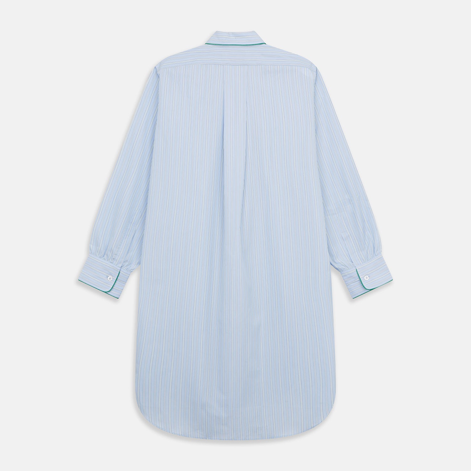 View 5 of product The Turnbull & Asser Blue and Green Stripe Poplin Cotton Nightshirt features long sleeves, a rounded hem, front pocket, green-trimmed collar and pocket, and front buttons—ideal men's nightwear for any season.