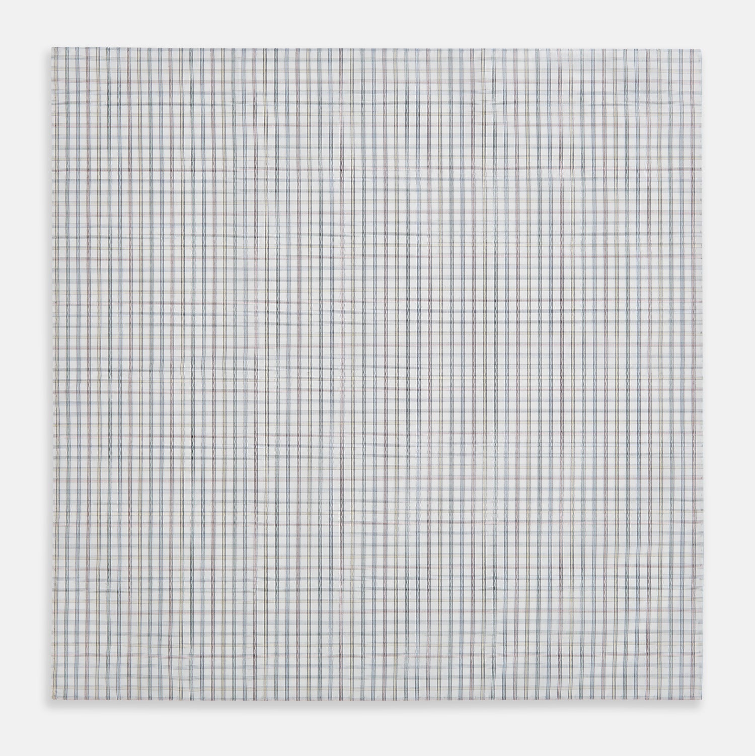 View 3 of product The Sky Blue Multi Graph Check Hand-Rolled Handkerchief by Turnbull & Asser features thin blue, red, and beige lines forming small squares on white fabric. Crafted in England.