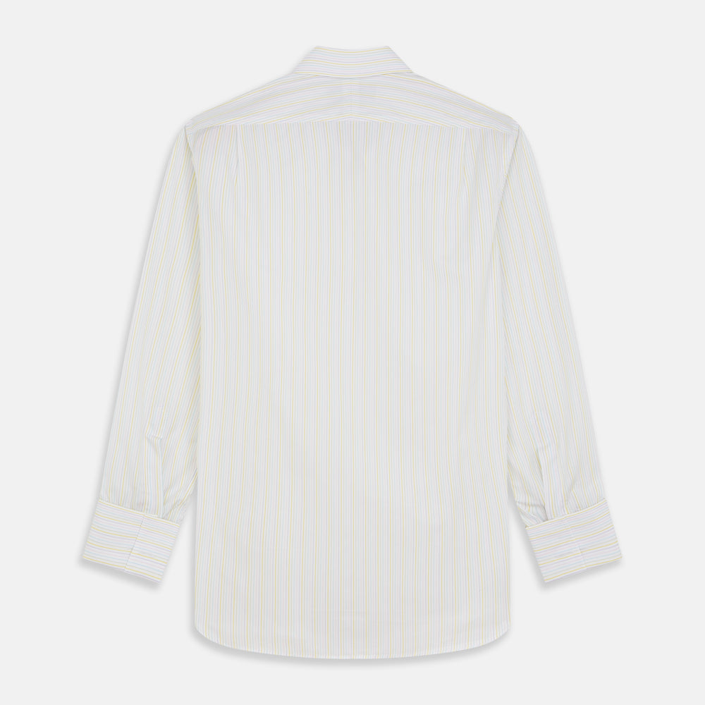 The Turnbull & Asser Yellow Multi Stripe Cotton Regular Fit Whitby Shirt features long sleeves, a classic collar, and thin yellow and blue stripes on white, displayed on a plain white surface.
