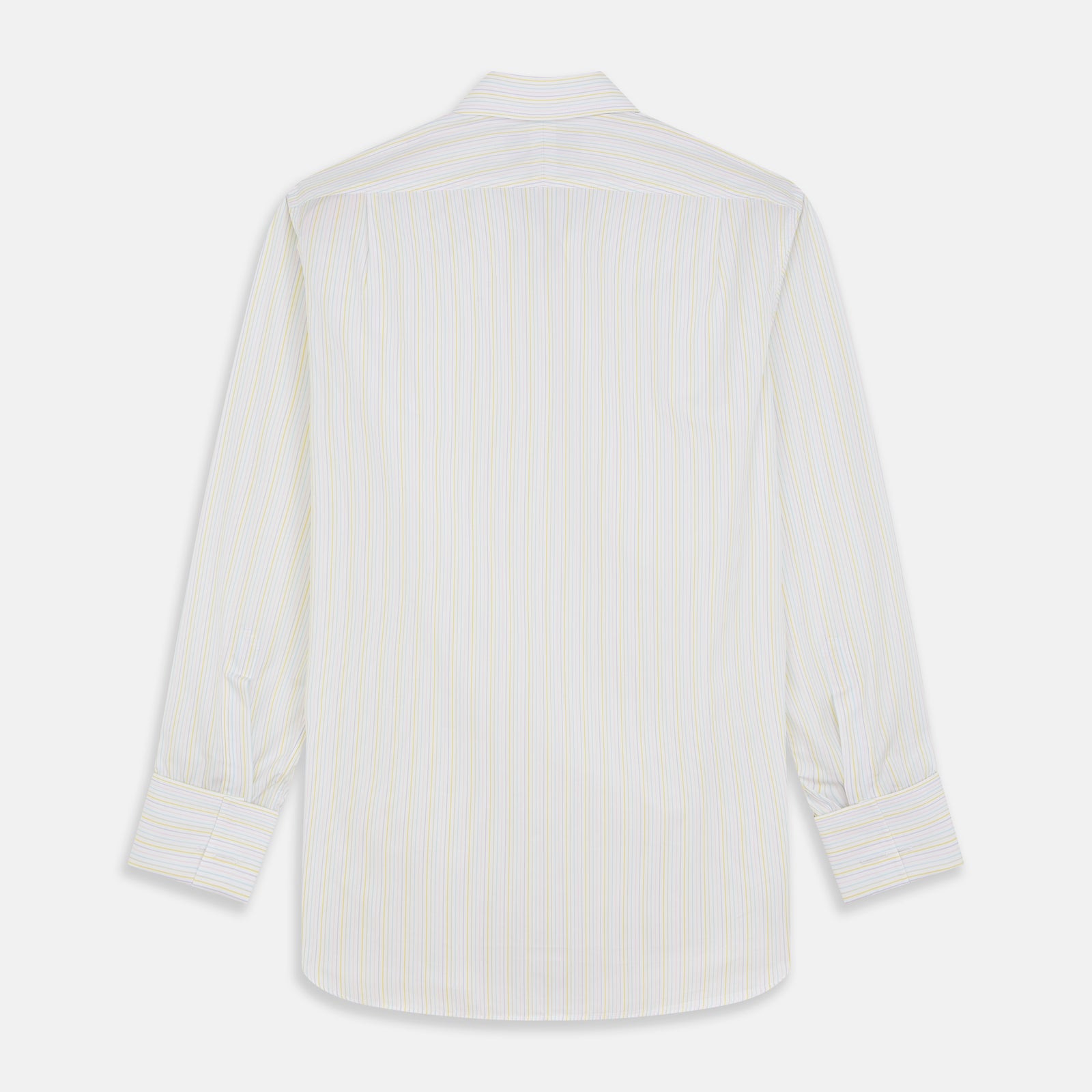View 5 of product The Turnbull & Asser Yellow Multi Stripe Cotton Regular Fit Whitby Shirt features long sleeves, a classic collar, and thin yellow and blue stripes on white, displayed on a plain white surface.