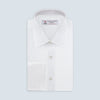 View 1 of product The Turnbull & Asser White Herringbone Sea Island Quality Cotton Shirt features a T&A collar, double cuffs, and chest pocket. Crafted for luxury with a classic design, it’s shown neatly folded against a light grey background—ideal for evening wear.