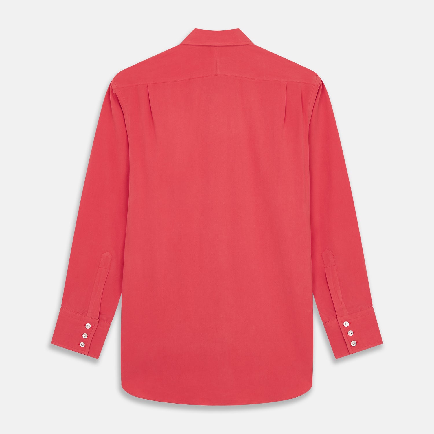 View 6 of product The Turnbull & Asser Coral Pink Silk Regular Fit Mayfair Shirt features long sleeves, a classic collar, and white buttons, displayed laid flat on a plain white background.