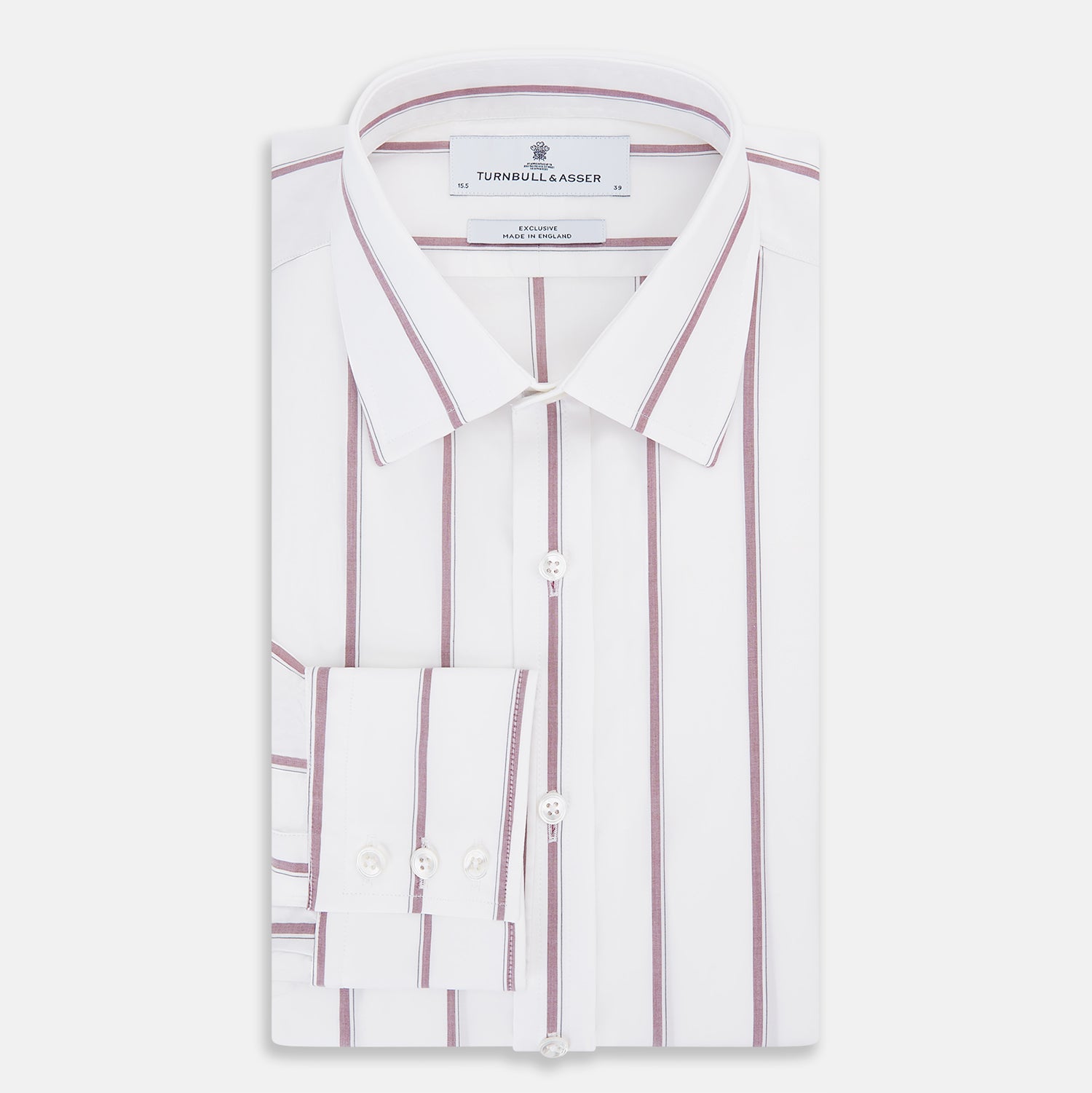 View 5 of product The Turnbull & Asser Wine Track Stripe Mayfair Shirt is a white long-sleeve shirt with vertical wine stripes and a pointed collar, crafted from premium Italian cotton and shown flat against a plain background.