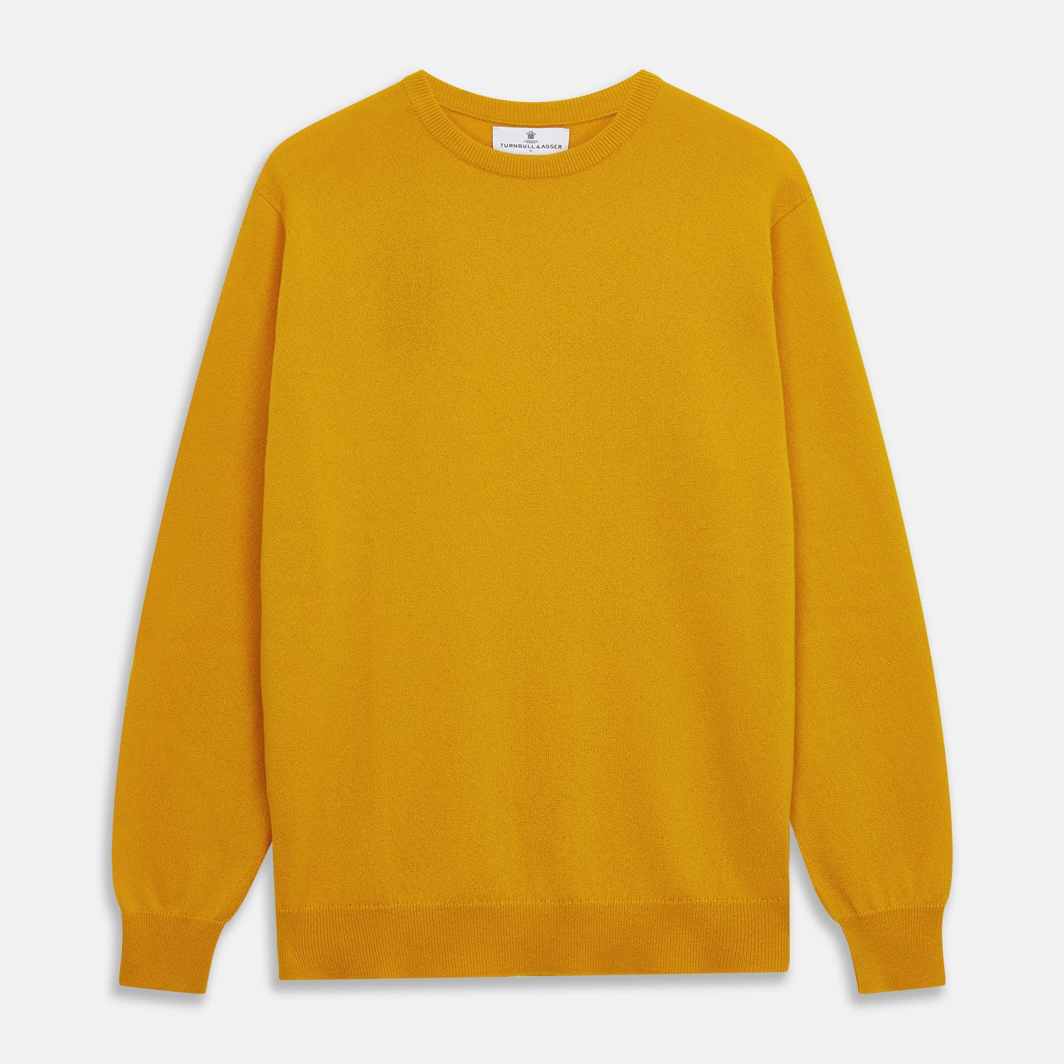 View 1 of product The Gold Glenn Cashmere Crew Neck Jumper by Turnbull & Asser is a luxurious, long-sleeved knit in vibrant mustard yellow, shown laid flat on a white background—an eye-catching essential.