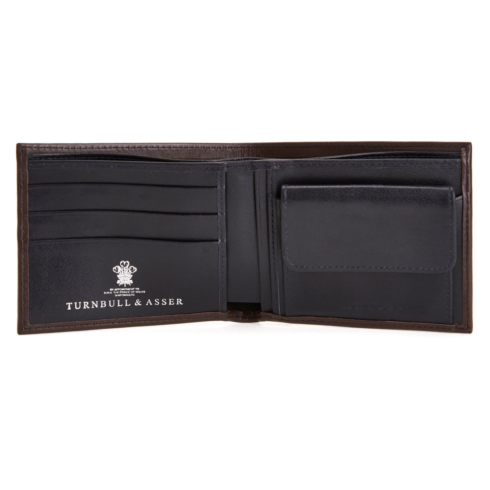View 2 of product The Turnbull & Asser Brown Bill Coin Wallet is open to reveal its black interior with a coin pocket. The empty wallet is shown against a plain white background.