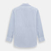 View 3 of product The Turnbull & Asser Pale Blue Pinstripe Mayfair Shirt features pale blue pinstripes, a classic T&A collar, white buttons, and cuffed sleeves, shown against a plain white background.