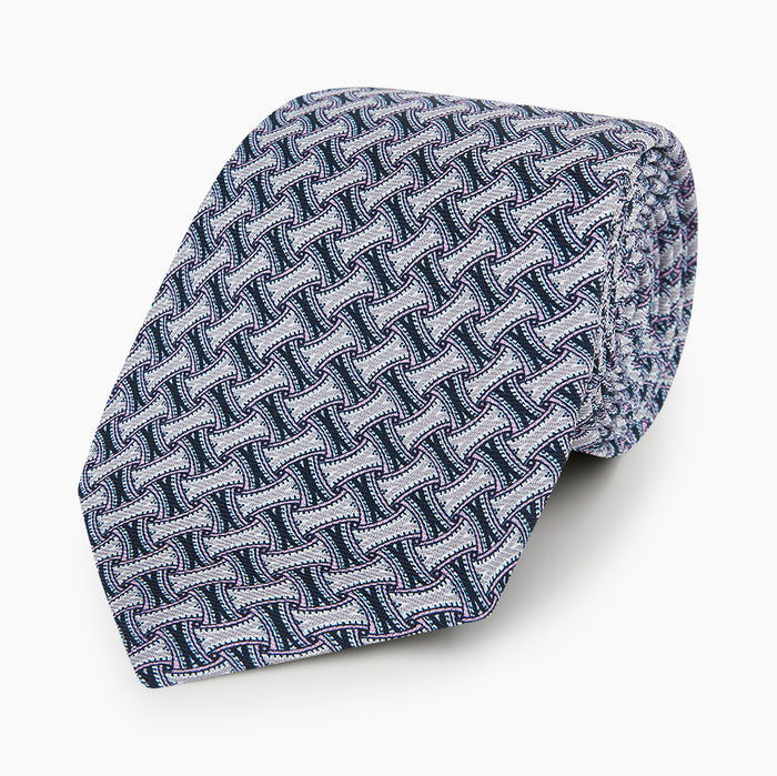 Navy and Pink Weave-Patterned Printed Silk Tie Image 4
