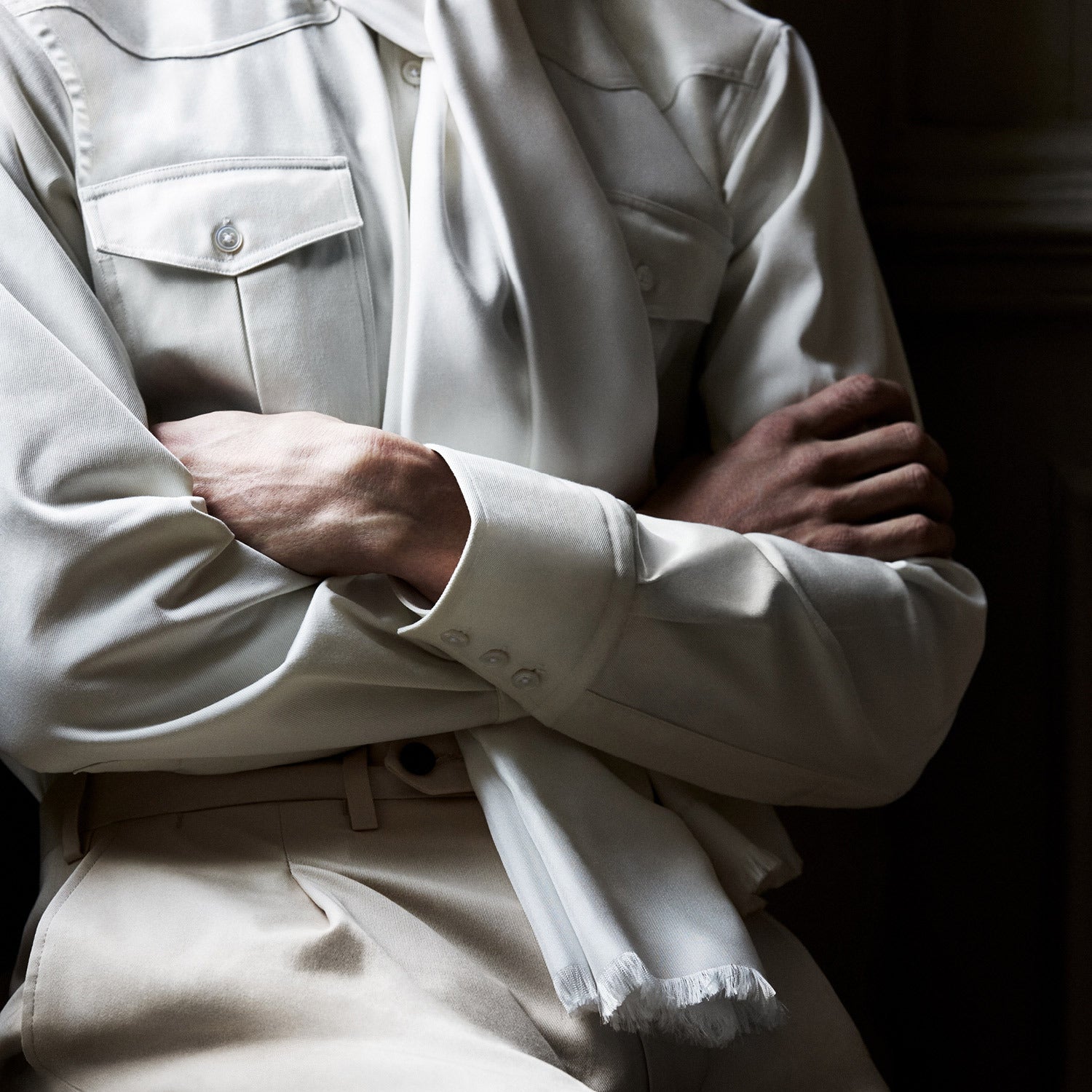 View 3 of product The Cream Cotton Weekend Fit Western Shirt with Dorset Collar by Turnbull & Asser features two chest pockets and is laid flat on a white background—ideal for smart-casual style.