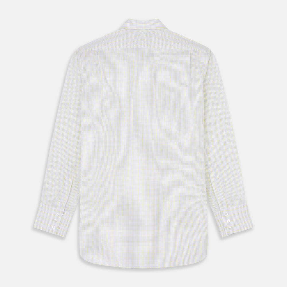 The Turnbull & Asser Yellow Multi Check Cotton Regular Fit Mayfair Shirt features a long-sleeved, button-up design with yellow and blue plaid, pointed collar, and buttoned cuffs, laid flat on a white background.