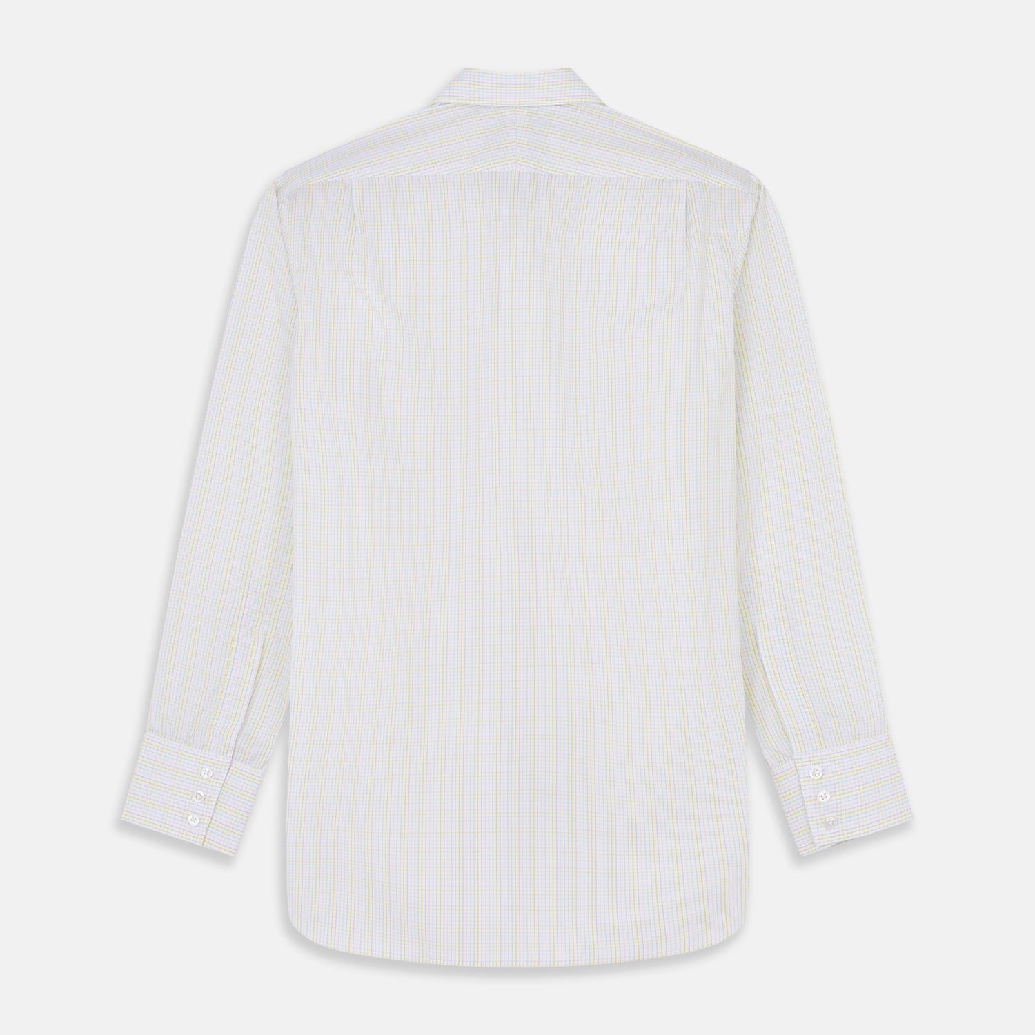 View 5 of product The Turnbull & Asser Yellow Multi Check Cotton Regular Fit Mayfair Shirt features a long-sleeved, button-up design with yellow and blue plaid, pointed collar, and buttoned cuffs, laid flat on a white background.