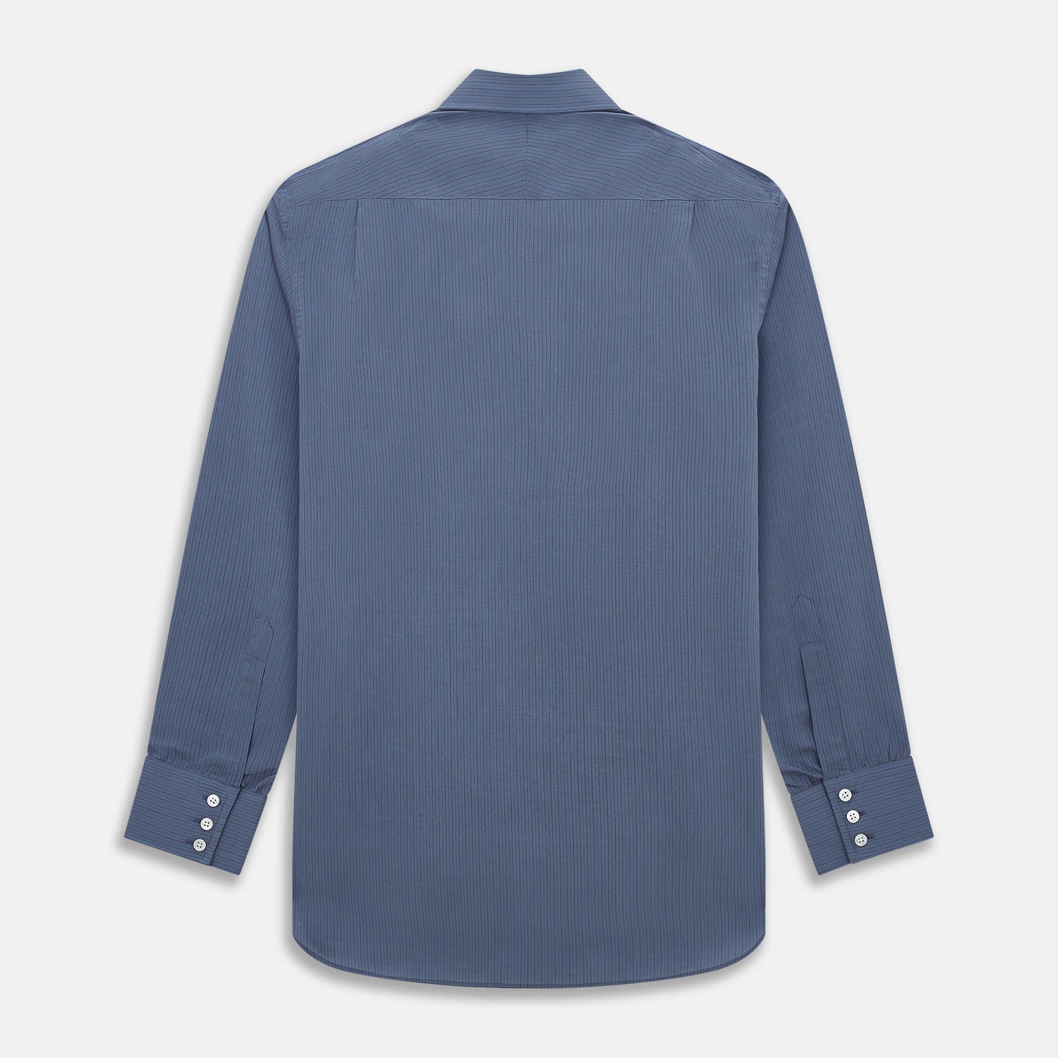 View 3 of product A neatly folded men's Mid Blue Red Stripe Regular Fit Mayfair Shirt by Turnbull & Asser, featuring long sleeves, classic collar, white buttons, and subtle red stripes—a hallmark of the brand’s renowned luxury.