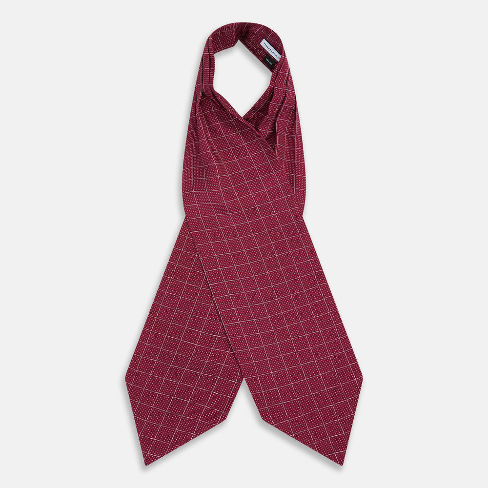 The Turnbull & Asser Burgundy Dotted Check Pattern Printed Silk Cravat, shown on a white background, features a refined British design perfect for elevating your look.