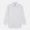 View 1 of product The Colourful Garden Multi Stripe Cotton Regular Fit Mayfair Shirt by Turnbull & Asser features a collar, buttoned cuffs, and vertical stripes in blue, yellow, pink, and white on a light background for a relaxed look.