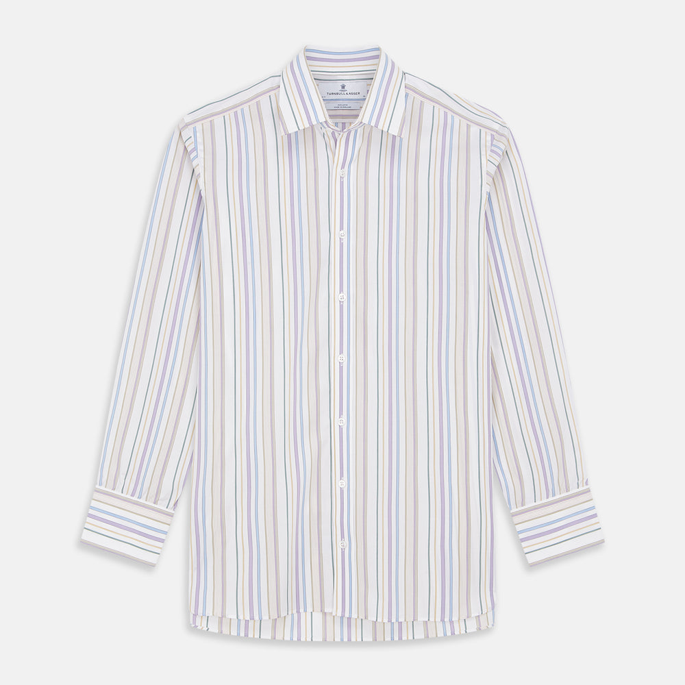 The Colourful Garden Multi Stripe Cotton Regular Fit Mayfair Shirt by Turnbull & Asser features a collar, buttoned cuffs, and vertical stripes in blue, yellow, pink, and white on a light background for a relaxed look.