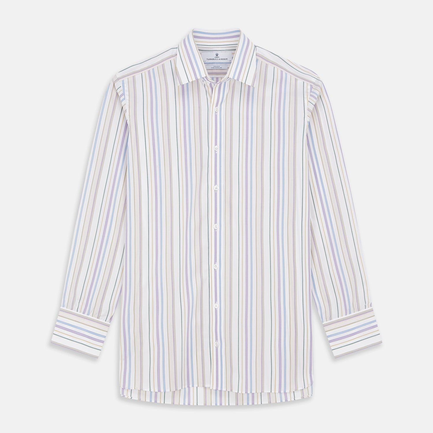 View 1 of product The Colourful Garden Multi Stripe Cotton Regular Fit Mayfair Shirt by Turnbull & Asser features a collar, buttoned cuffs, and vertical stripes in blue, yellow, pink, and white on a light background for a relaxed look.