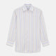 The Colourful Garden Multi Stripe Cotton Regular Fit Mayfair Shirt by Turnbull & Asser features a collar, buttoned cuffs, and vertical stripes in blue, yellow, pink, and white on a light background for a relaxed look.