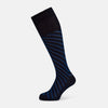 View 1 of product The Turnbull & Asser Navy Diagonal Striped Long Sock, crafted from premium mercerised Egyptian cotton, is shown solo on a plain white background.