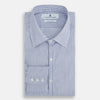 View 7 of product The Turnbull & Asser Navy and White Stripe Westminster Shirt features thin vertical stripes, a Turnbull collar, long sleeves, and classic British craftsmanship, shown flat on a white background.