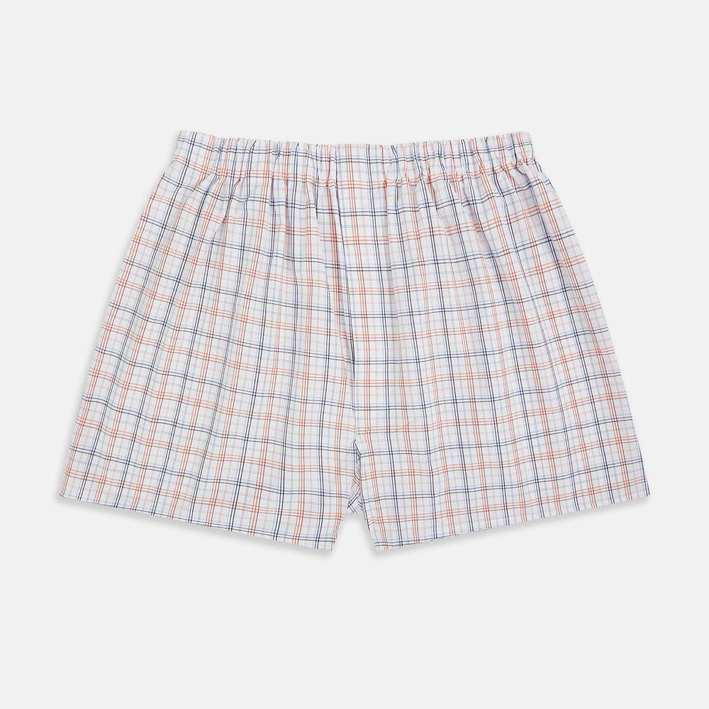 Turnbull & Asser's Blue and Orange Multi Graph Check Godfrey Boxer Shorts, crafted from Italian cotton, feature a multicoloured checked pattern and an elastic waistband. Shown laid flat on a white background.
