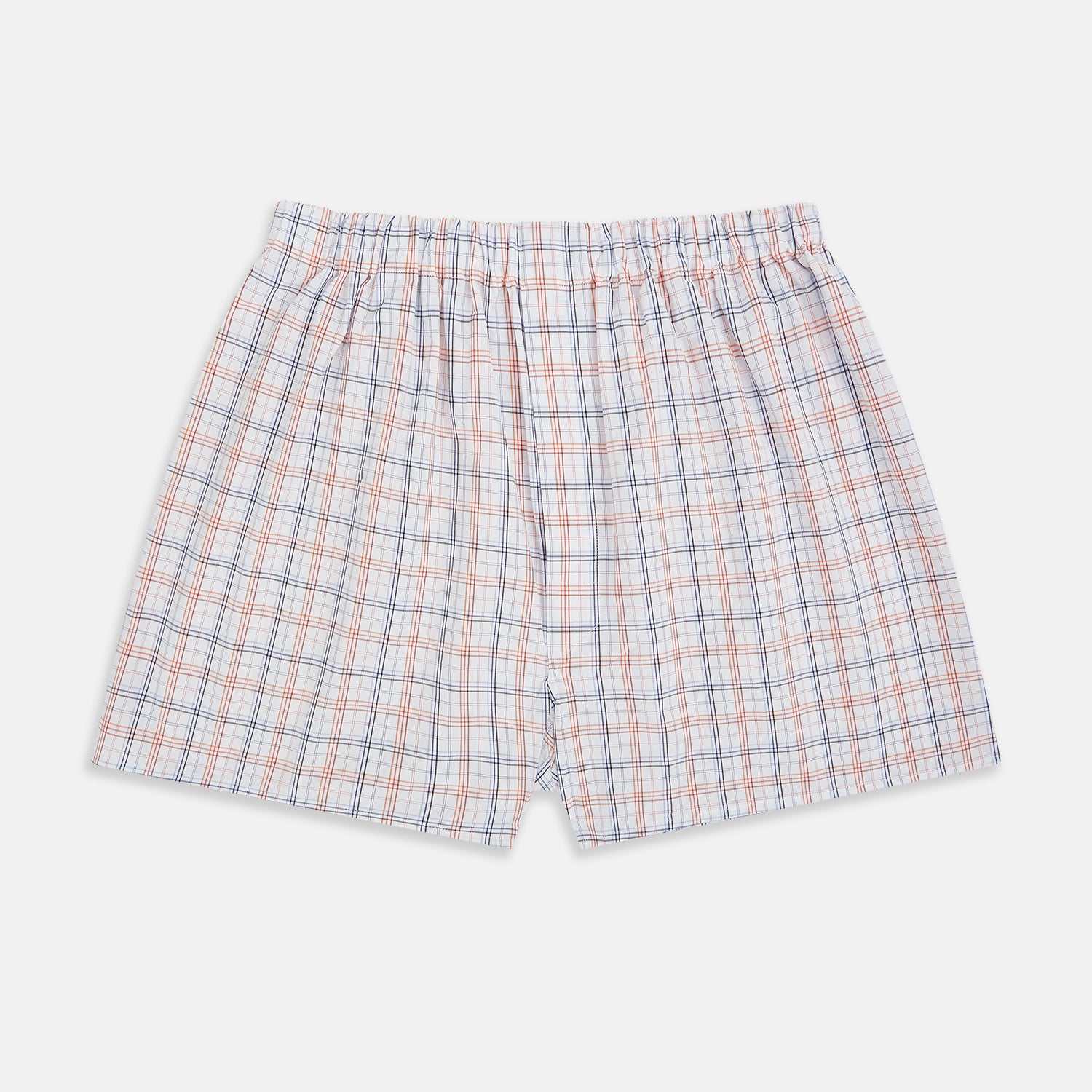 View 1 of product Turnbull & Asser's Blue and Orange Multi Graph Check Godfrey Boxer Shorts, crafted from Italian cotton, feature a multicoloured checked pattern and an elastic waistband. Shown laid flat on a white background.