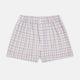 Turnbull & Asser's Blue and Orange Multi Graph Check Godfrey Boxer Shorts, crafted from Italian cotton, feature a multicoloured checked pattern and an elastic waistband. Shown laid flat on a white background.