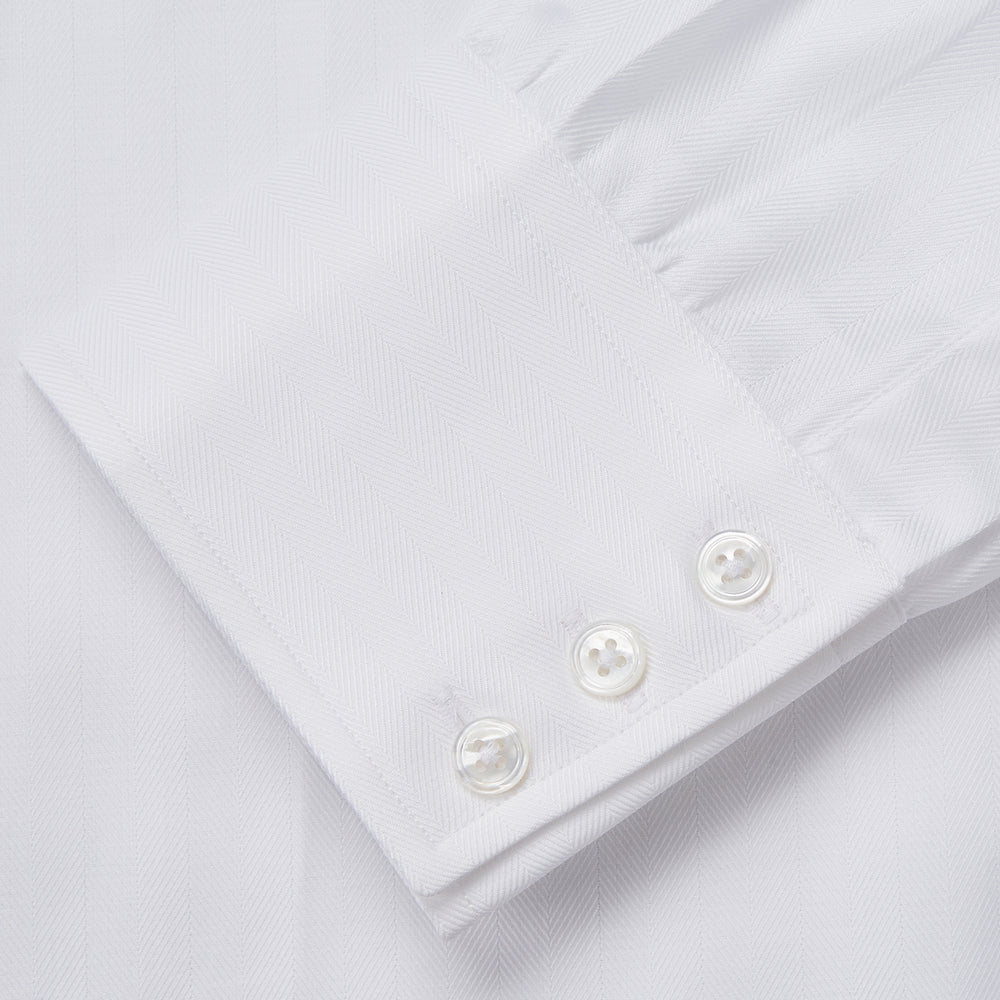 The Turnbull & Asser White Herringbone Tailored Fit Shirt with a Kent collar is displayed against a white background.