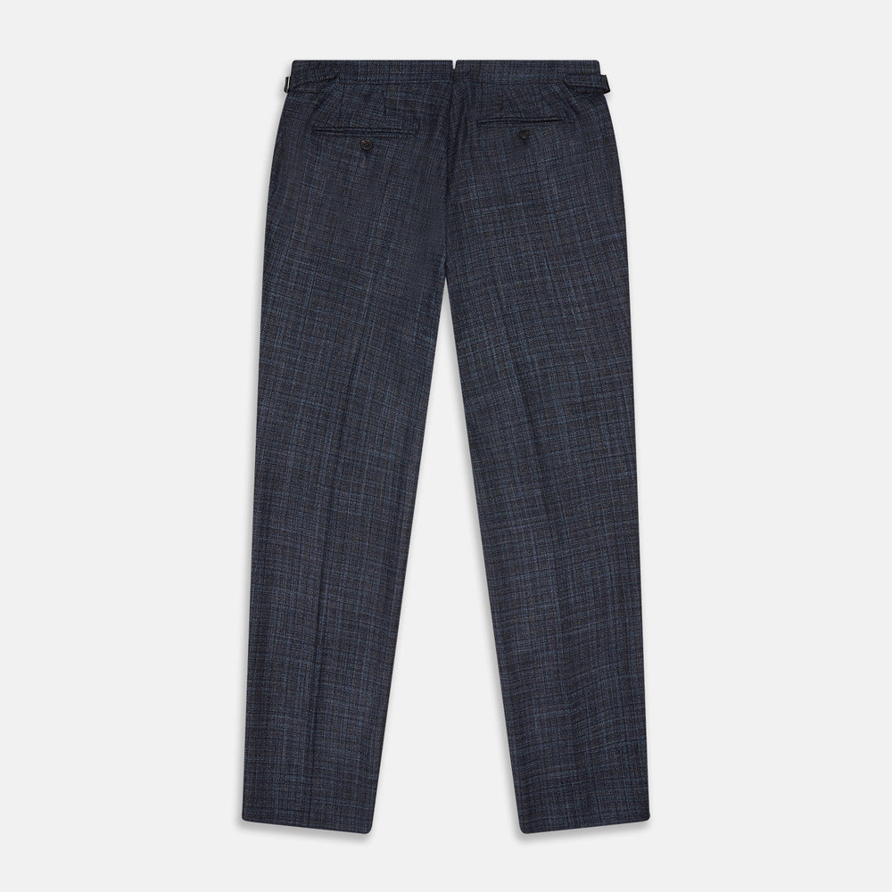 The Turnbull & Asser Navy Check Wool and Cashmere Blend Wilson Trousers feature a subtle plaid, belt loops, front pleats, and a straight-leg fit, displayed against a light background.