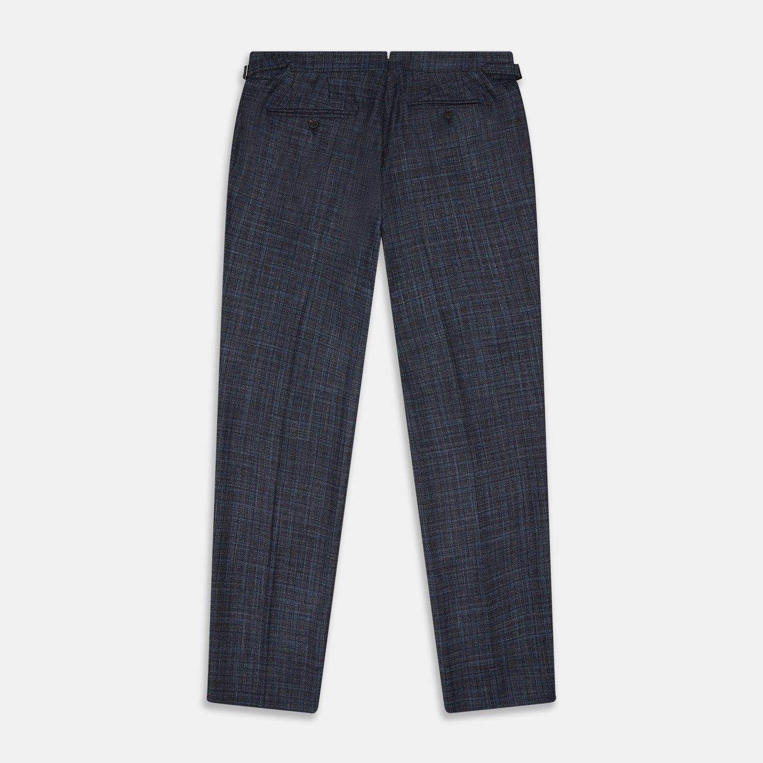 View 3 of product The Turnbull & Asser Navy Check Wool and Cashmere Blend Wilson Trousers feature a subtle plaid, belt loops, front pleats, and a straight-leg fit, displayed against a light background.