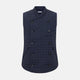 The Turnbull & Asser Navy Double-Breasted Quilted Gilet is a sleeveless piece with an asymmetrical button closure, chest pocket, and two zippered side pockets, shown on a plain white background—ideal for layered dressing.