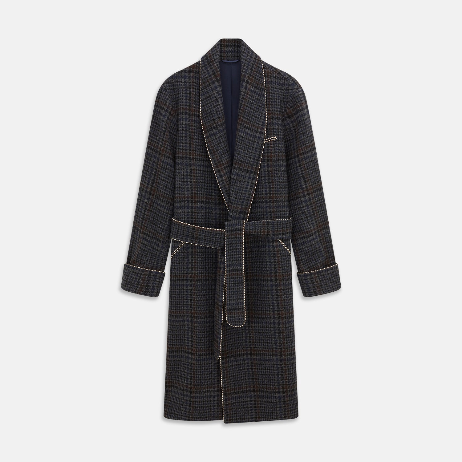 View 1 of product The Turnbull & Asser Charcoal Grey Check Wool Pierce Gown features a long, gown-style silhouette with a shawl collar, wrap-around belt, cuffed sleeves, and white edge stitching, shown against a plain white background.