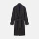 The Turnbull & Asser Charcoal Grey Check Wool Pierce Gown features a long, gown-style silhouette with a shawl collar, wrap-around belt, cuffed sleeves, and white edge stitching, shown against a plain white background.