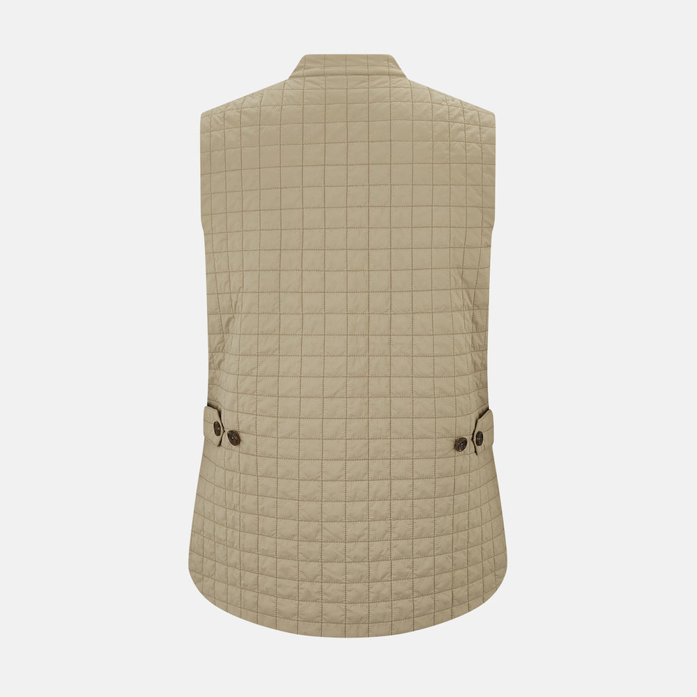 The Turnbull & Asser Sand Double-Breasted Quilted Gilet features a sleeveless design, brown buttons, slanted chest pocket, and two zippered side pockets—perfect for modern layered dressing. Shown on a plain white background.