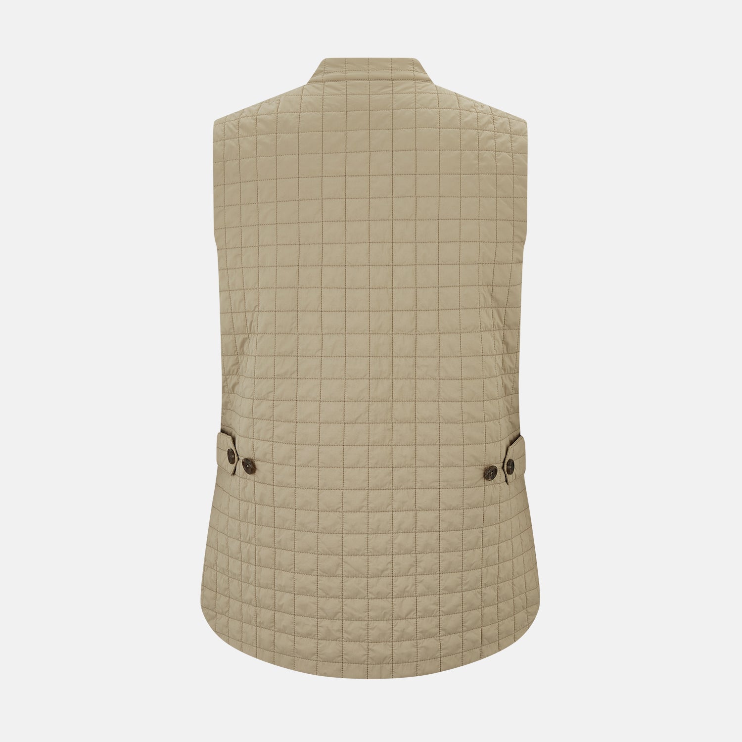 View 3 of product The Turnbull & Asser Sand Double-Breasted Quilted Gilet features a sleeveless design, brown buttons, slanted chest pocket, and two zippered side pockets—perfect for modern layered dressing. Shown on a plain white background.