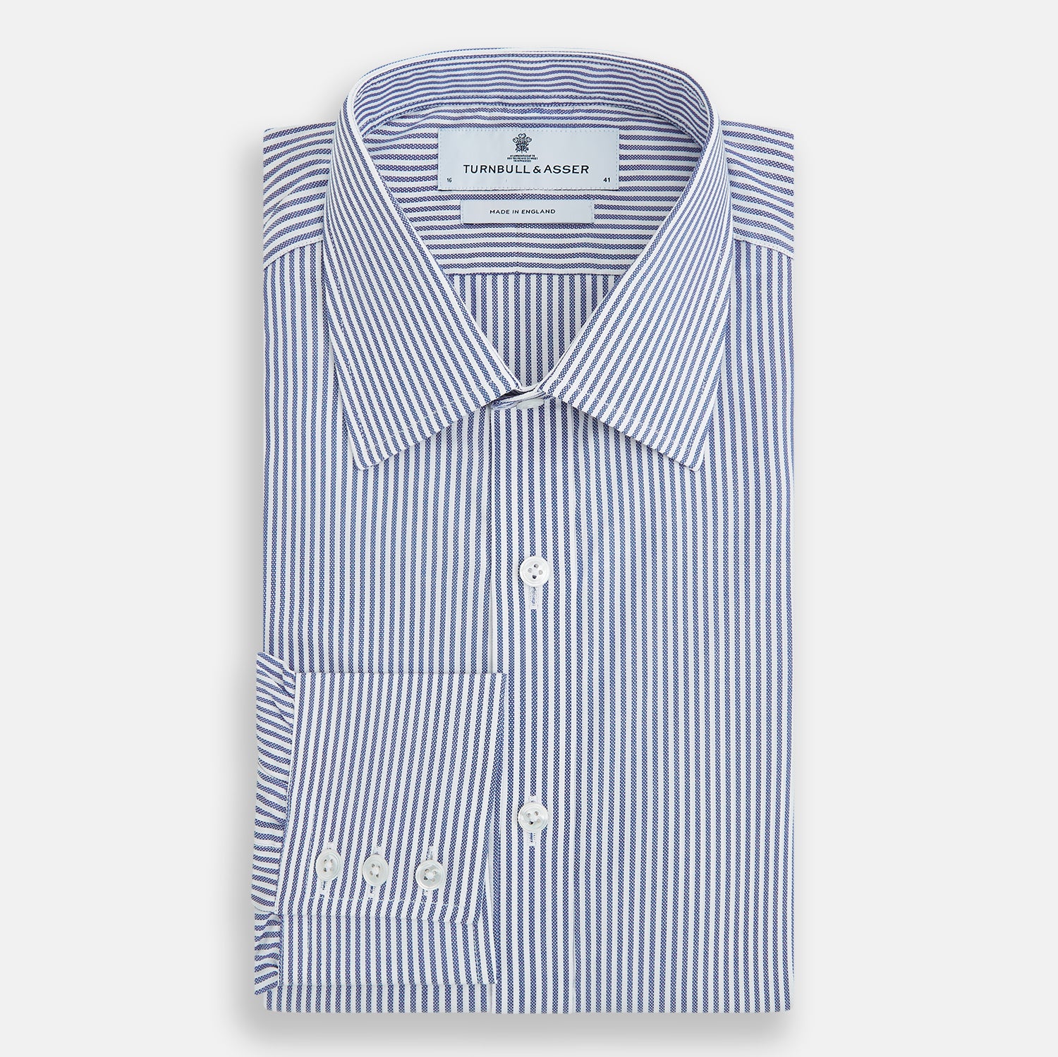 View 5 of product The Turnbull & Asser Navy Bengal Stripe Mayfair Shirt is a long-sleeved, collared formal shirt with blue and white stripes, white buttons, and buttoned cuffs—ideal for classic style enthusiasts. Displayed on a plain white background.