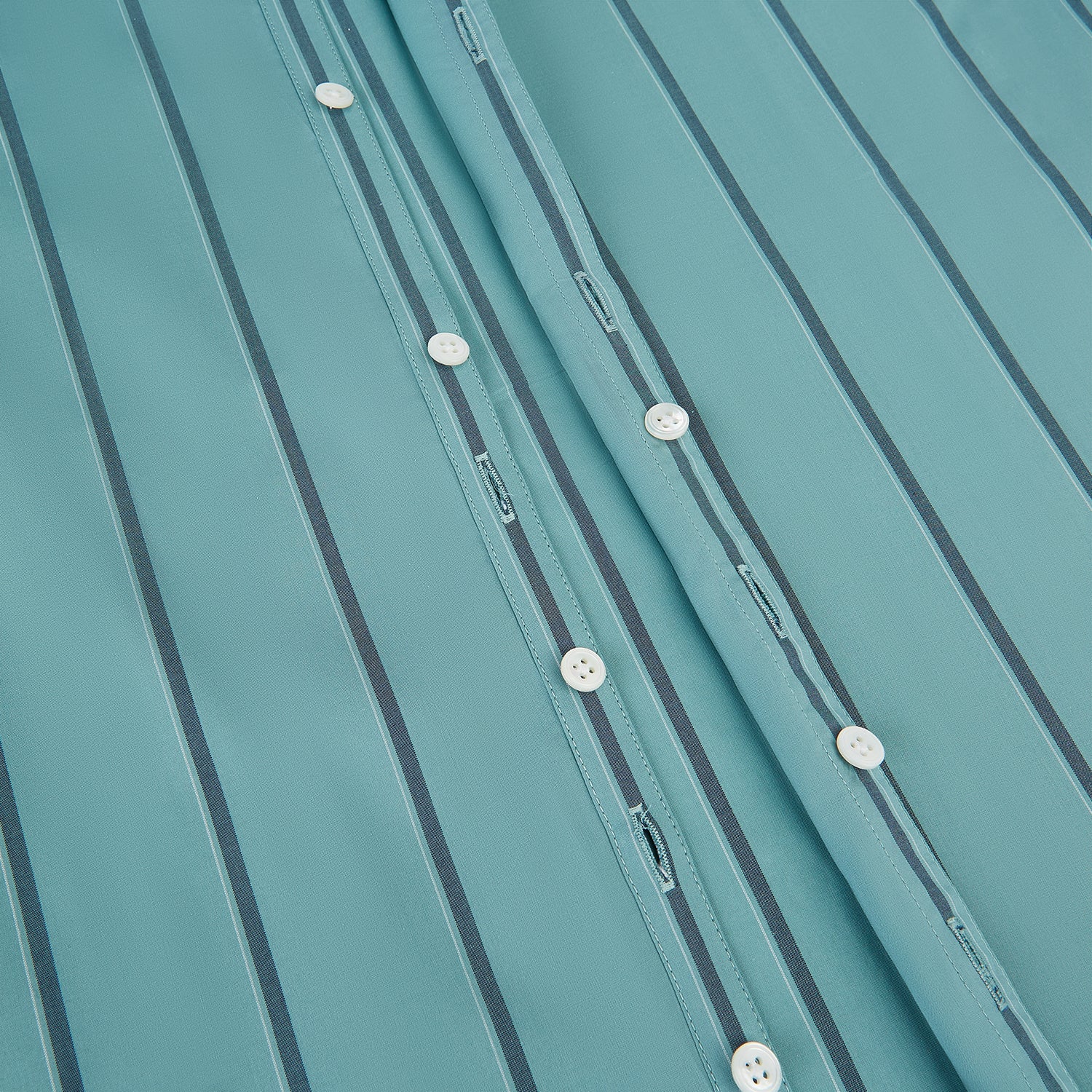 View 7 of product The Turnbull & Asser Sage Track Stripe Westminster Shirt features long sleeves, a tailored fit, a collar, and vertical dark blue stripes, with button closures down the front and at the cuffs, shown laid flat on a white background.