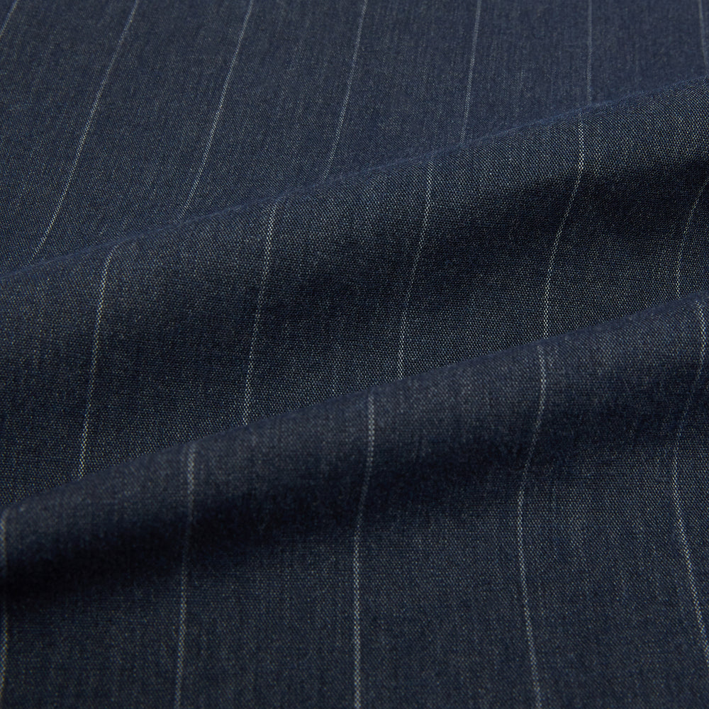 The Turnbull & Asser Navy Melange Wide Stripe Westminster Shirt features a classic collar, buttoned cuffs, and a tailored fit, showcasing British craftsmanship. Laid flat on a white background.