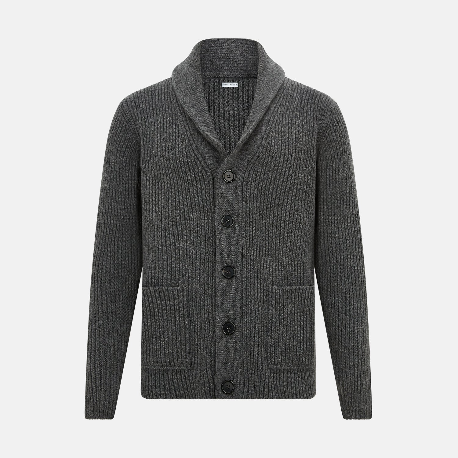 View 1 of product The Turnbull & Asser Shadow Grey Cashmere Shawl Collar Cardigan features ribbed detailing, a front button closure, and two front pockets, shown against a plain white background.