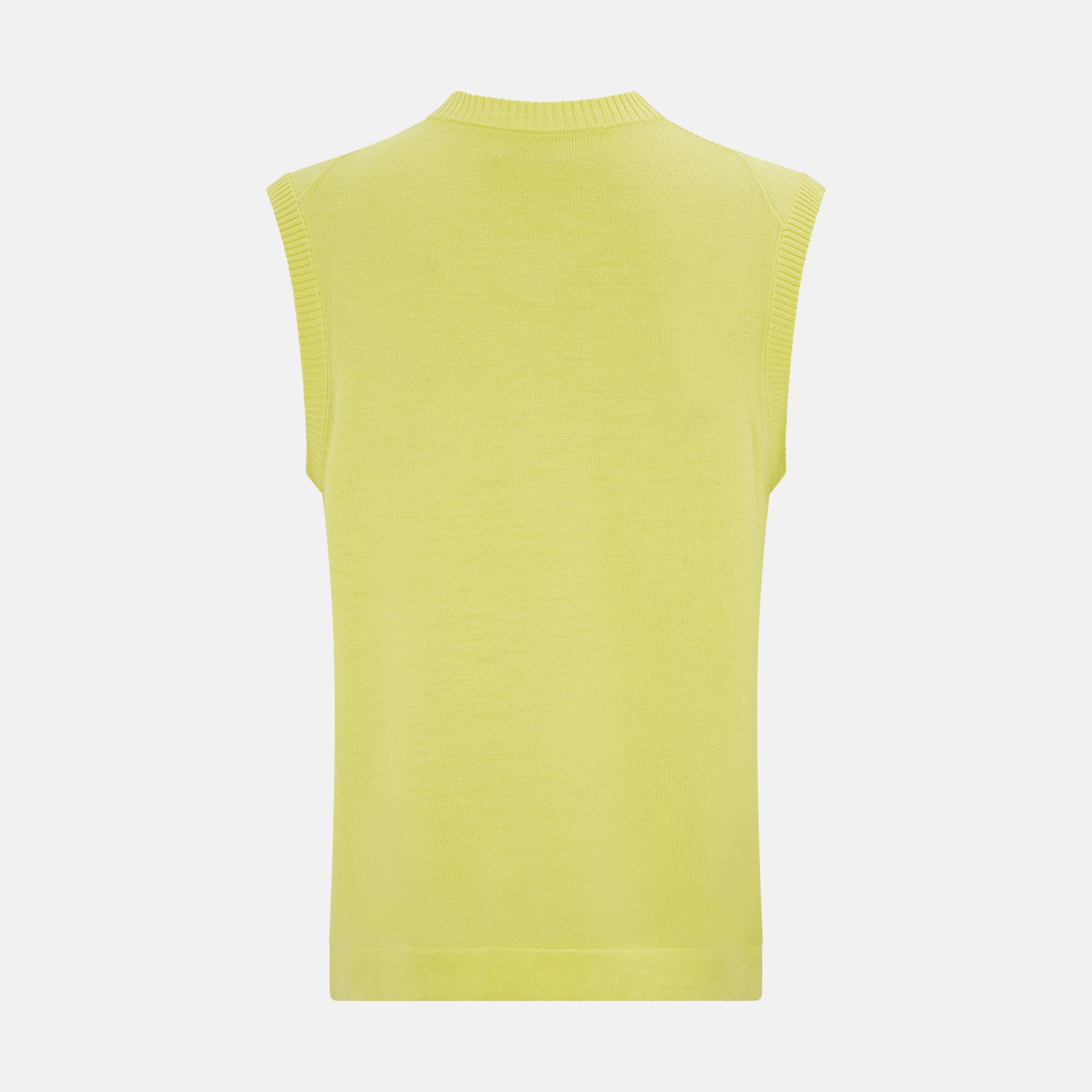 View 3 of product The Bright Yellow Fine Merino V-Neck Vest by Turnbull & Asser is a sleeveless jumper with ribbed edges, shown on a white background—ideal for the refined gentleman who values classic style.