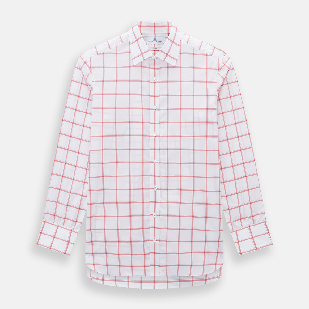 The Turnbull & Asser Coral Grid Check Mayfair Shirt is a white long-sleeve shirt with a collar, made from fine Italian cotton and featuring an evenly spaced coral grid check pattern.