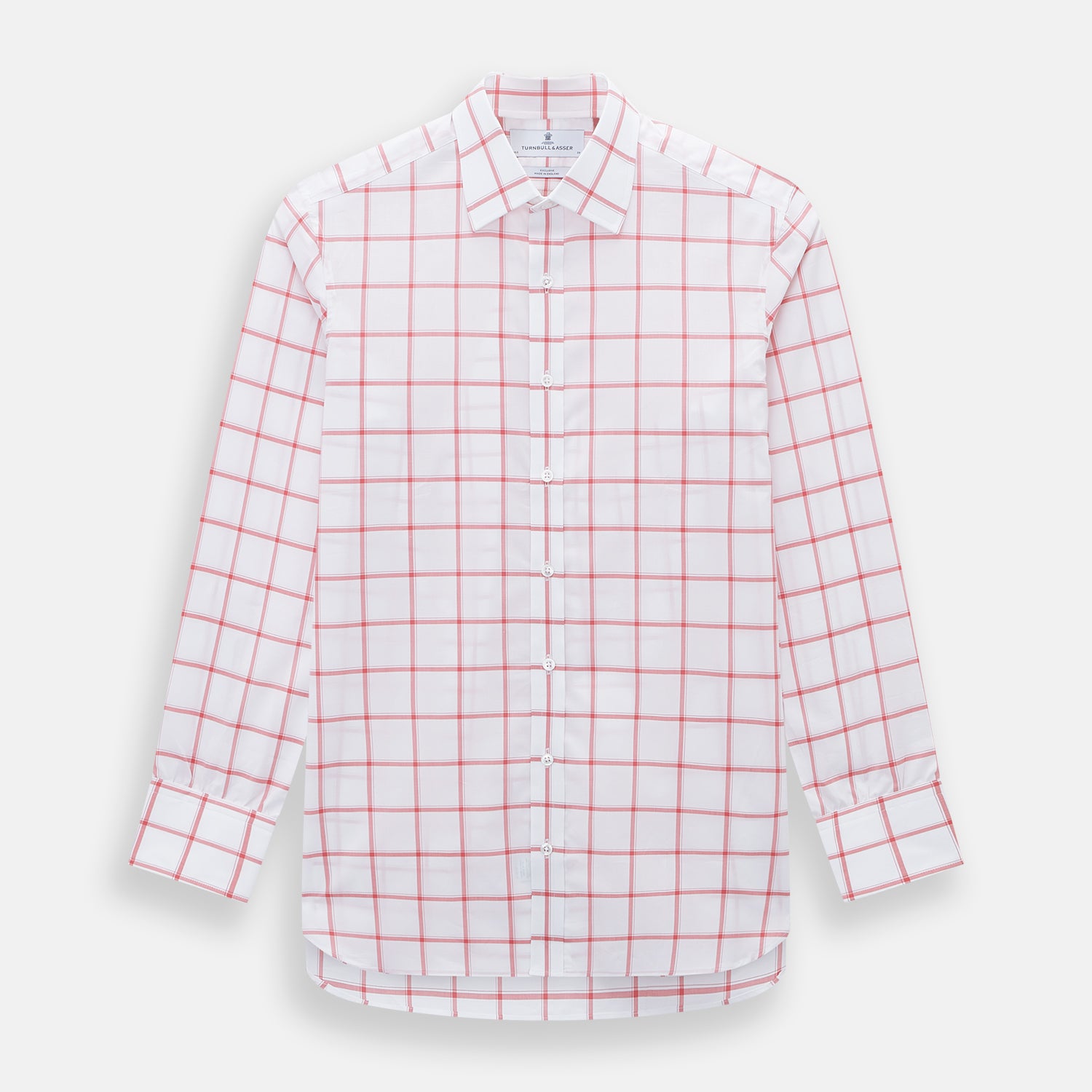 View 1 of product The Turnbull & Asser Coral Grid Check Mayfair Shirt is a white long-sleeve shirt with a collar, made from fine Italian cotton and featuring an evenly spaced coral grid check pattern.